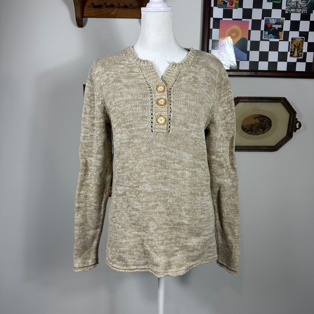 Natural Reflections Heathered Beige Boho Cotton Knit Sweater with Button Details